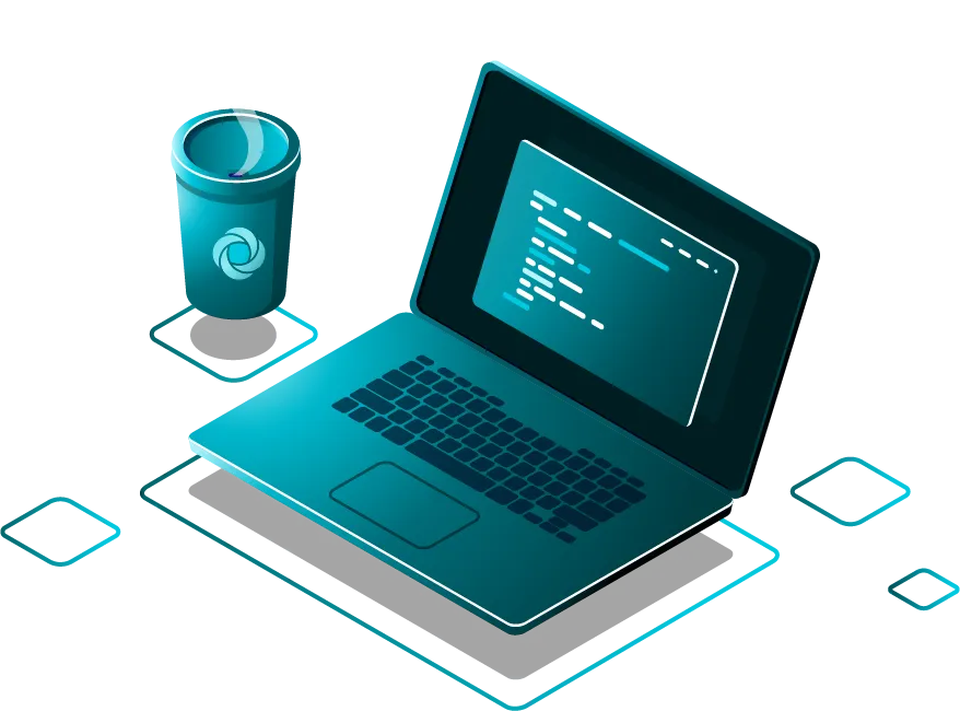 Illustration of a laptop with code on the screen and a coffee cup with Ikigai logo, using dark colors and light blue to create a tech-savvy atmosphere, representing Ikigai's focus on technology and development.