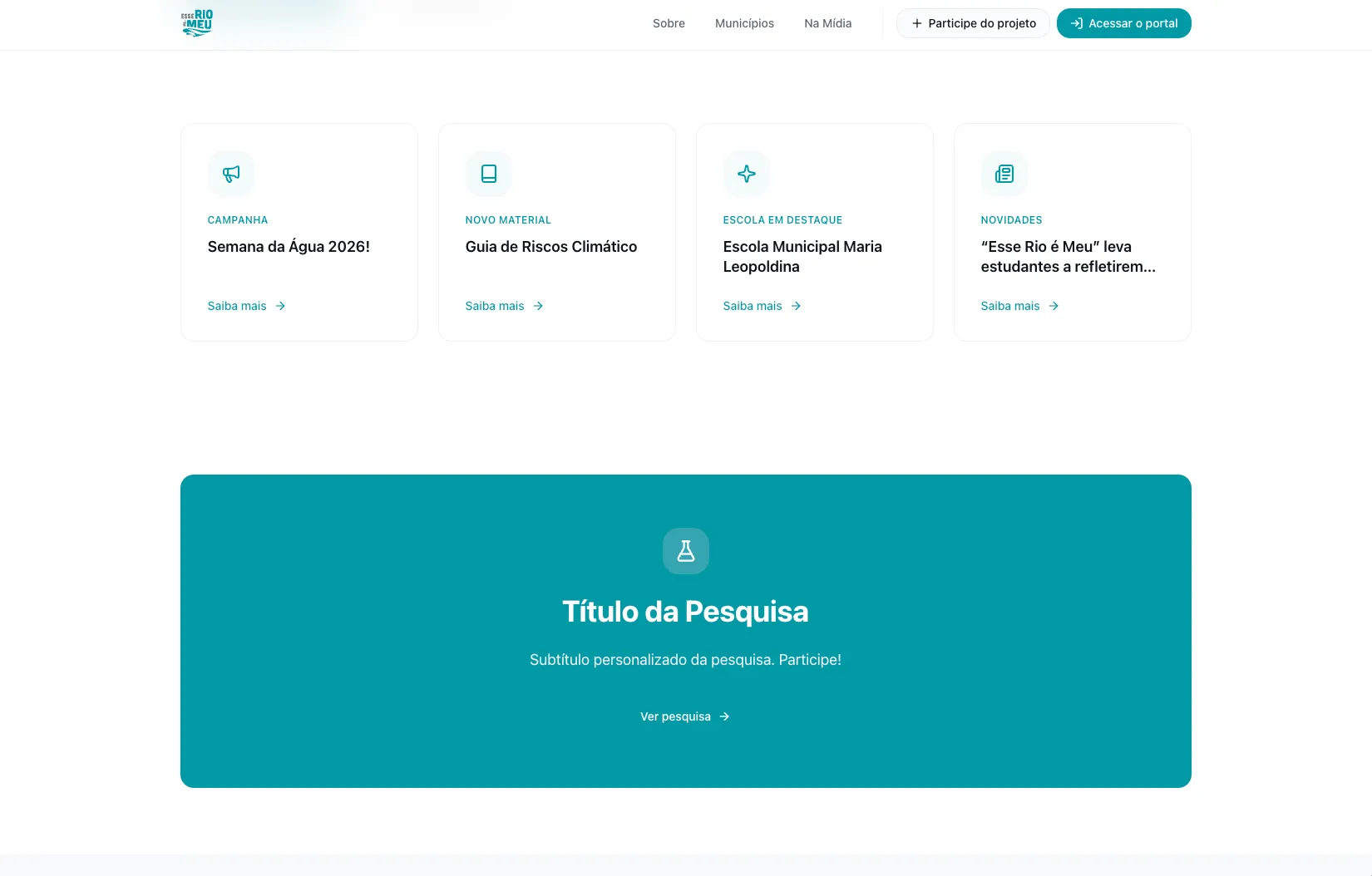 Cards de destaques no site público — Campanha, Novo Material, Escola em Destaque e Novidades, com bloco de pesquisa abaixo