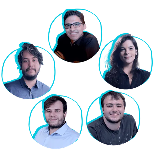 Portraits of the five founders of Ikigai, displayed in circular frames with a blue outline. Each founder is shown in a separate frame, arranged in a circular pattern, highlighting the diverse expertise and collaborative spirit of Ikigai's team.