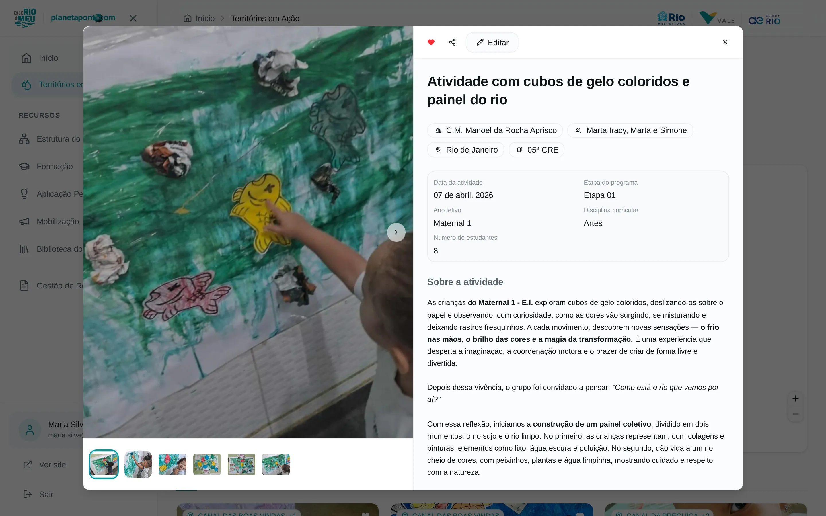 Modal de detalhe de uma atividade com galeria de fotos, dados pedagógicos e descrição completa