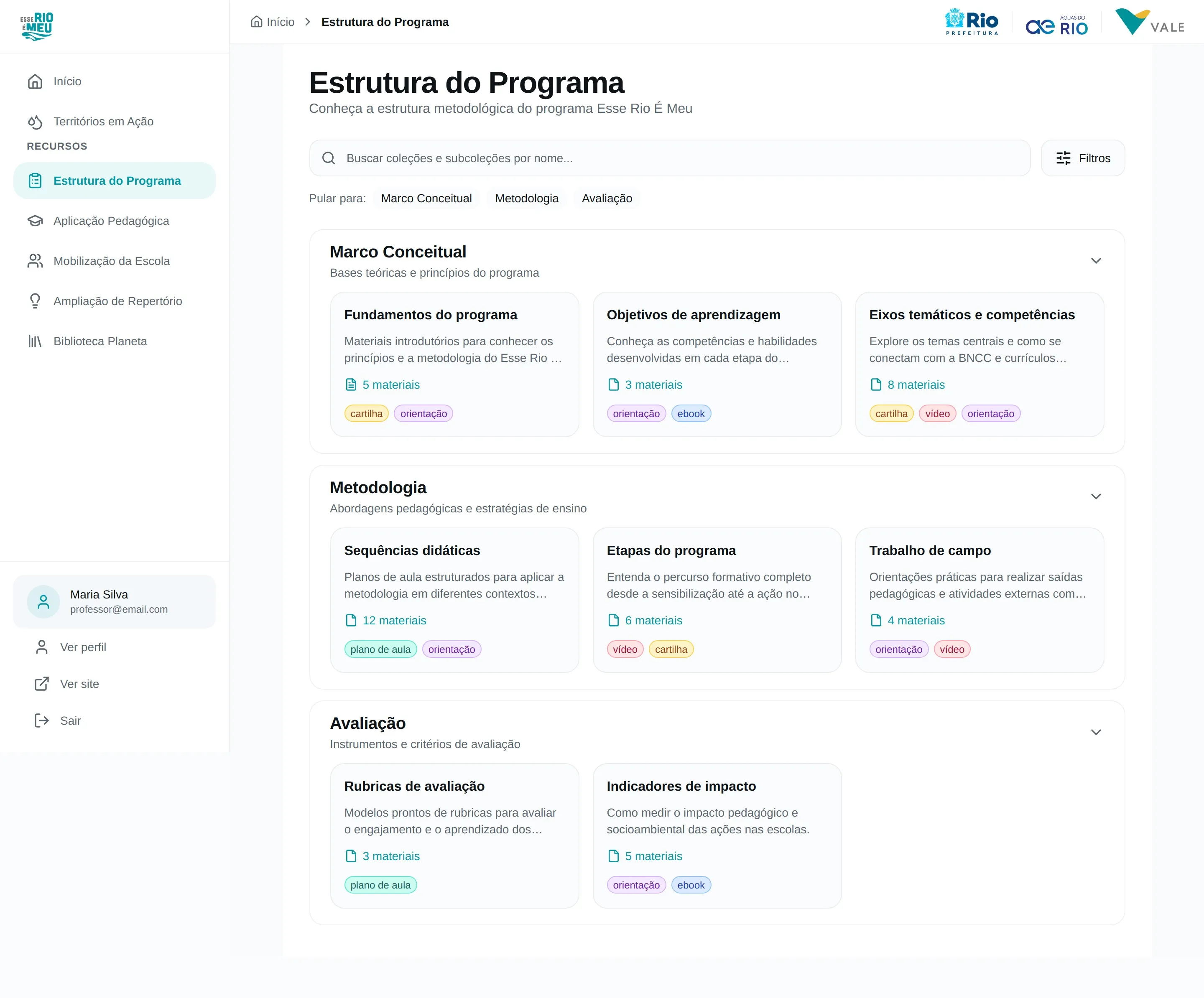 Página de categoria Estrutura do Programa com 3 coleções (Marco Conceitual, Metodologia, Avaliação) e suas subcoleções