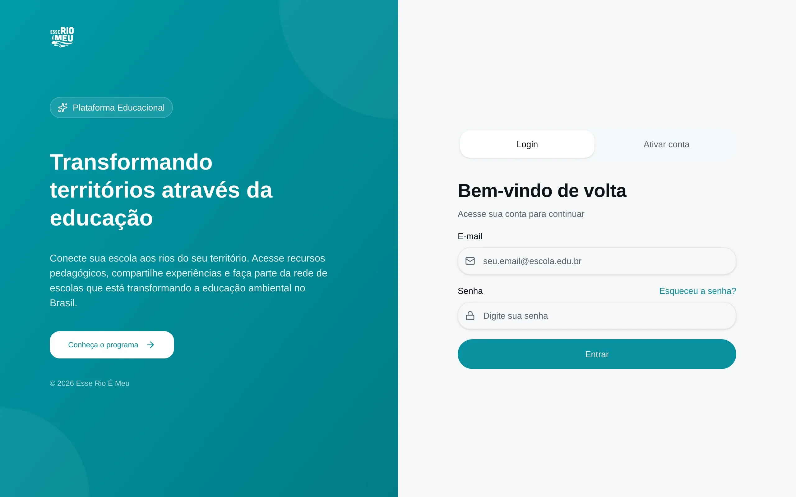 Tela de login da plataforma Esse Rio É Meu com formulário de acesso e aba para ativação de conta