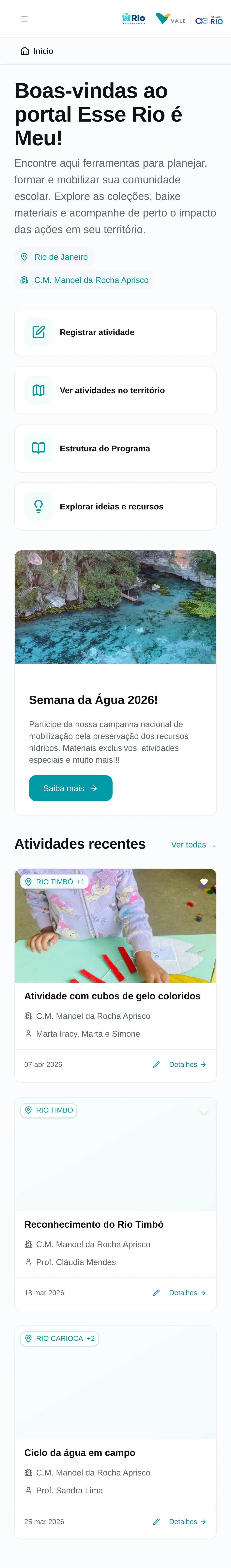 Página inicial do portal no celular — boas-vindas, atalhos e atividades recentes