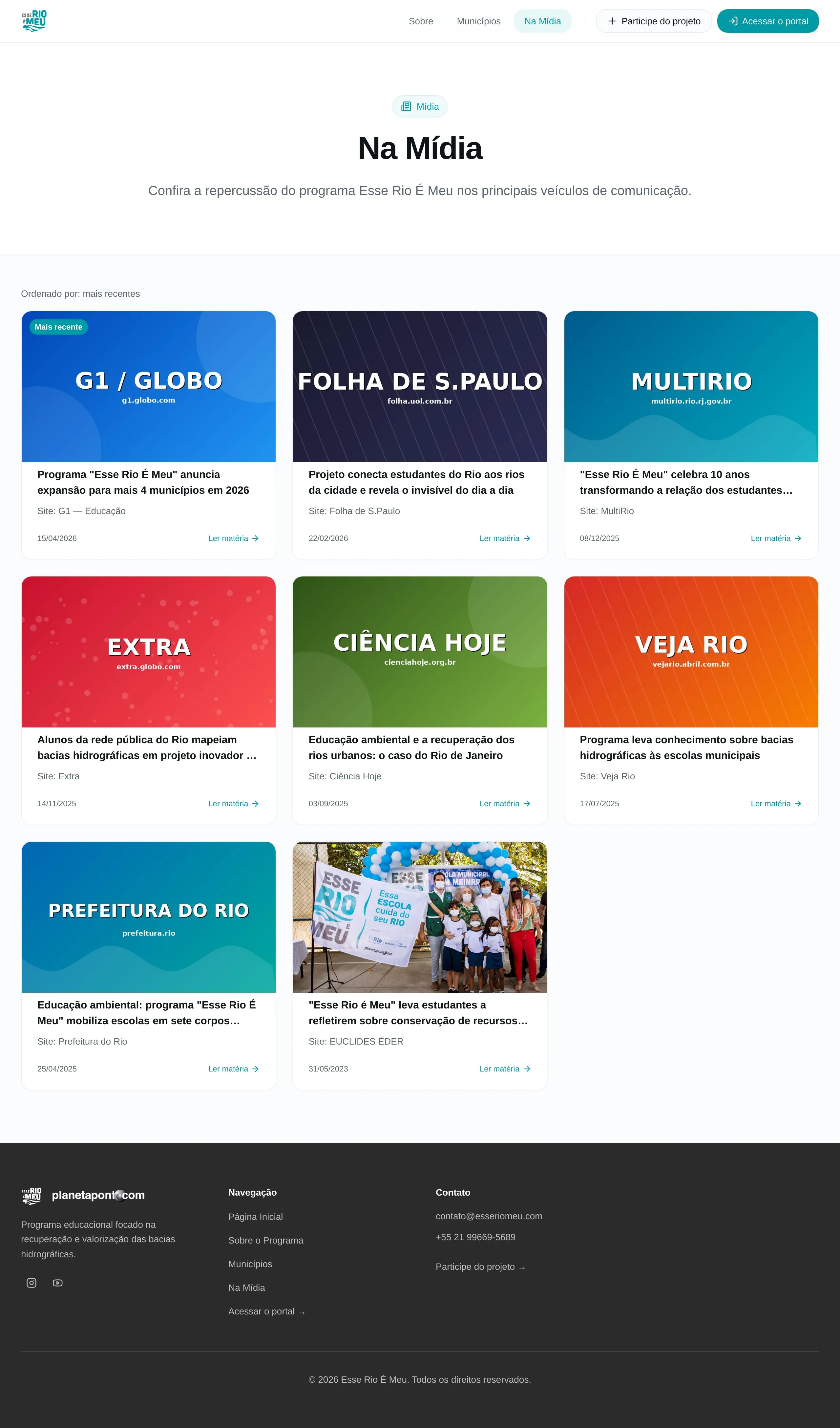 Página Na Mídia do programa Esse Rio É Meu com cards de matérias publicadas em diversos veículos