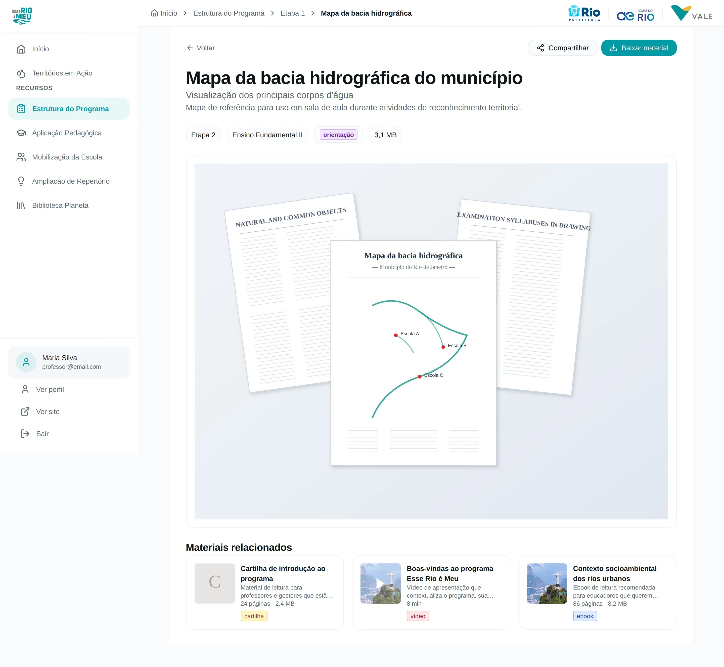 Página de recurso individual mostrando o "Mapa da bacia hidrográfica do município" com viewer de PDF e materiais relacionados