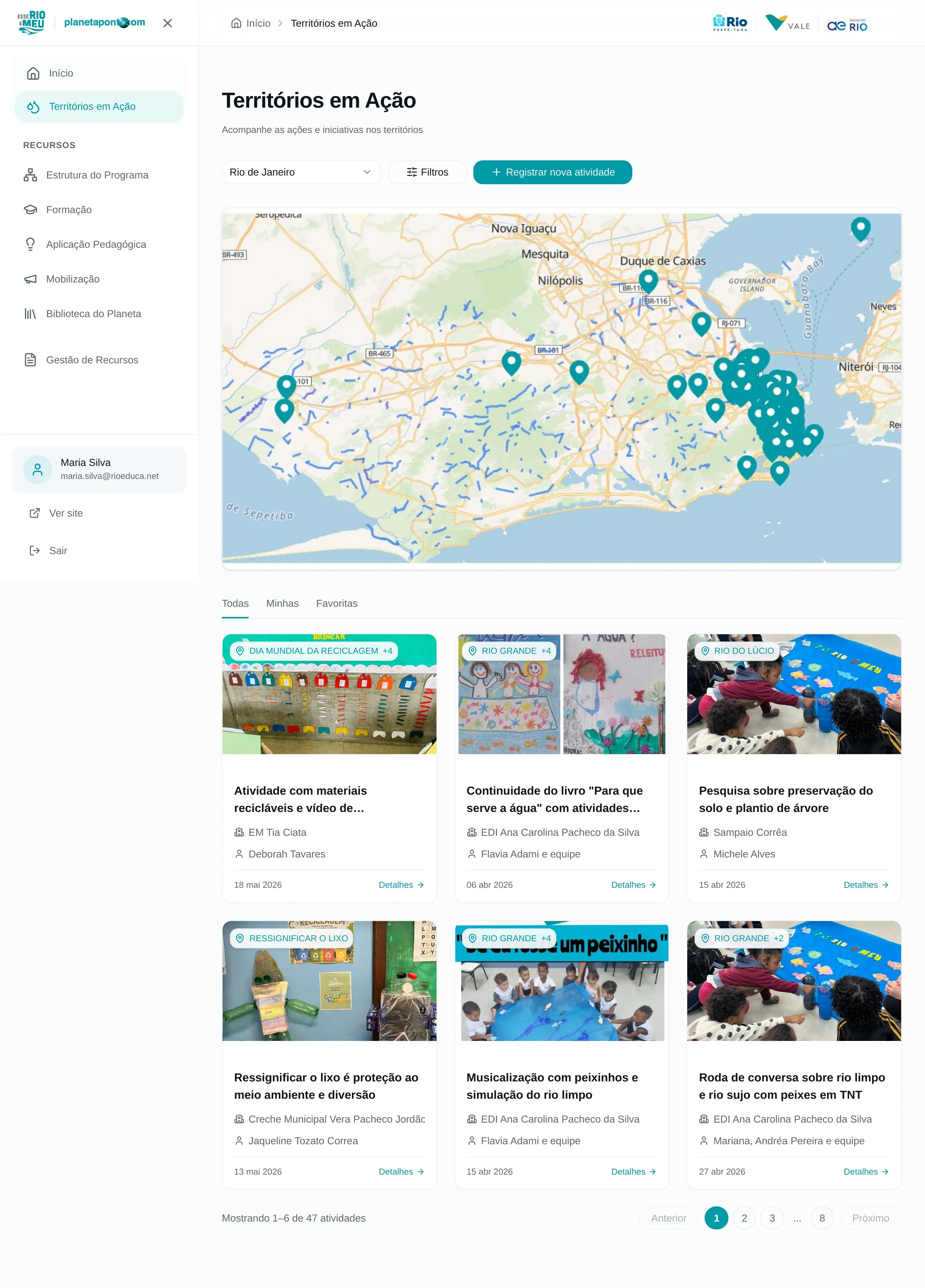 Tela Territórios em Ação no portal logado com mapa interativo e grade de atividades registradas pelas escolas